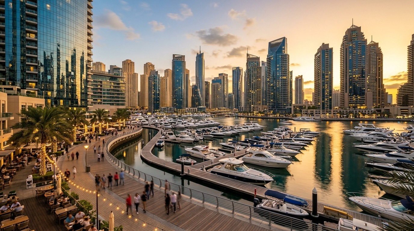 Dubai Marina waterfront at golden hour with yachts and skyscrapers