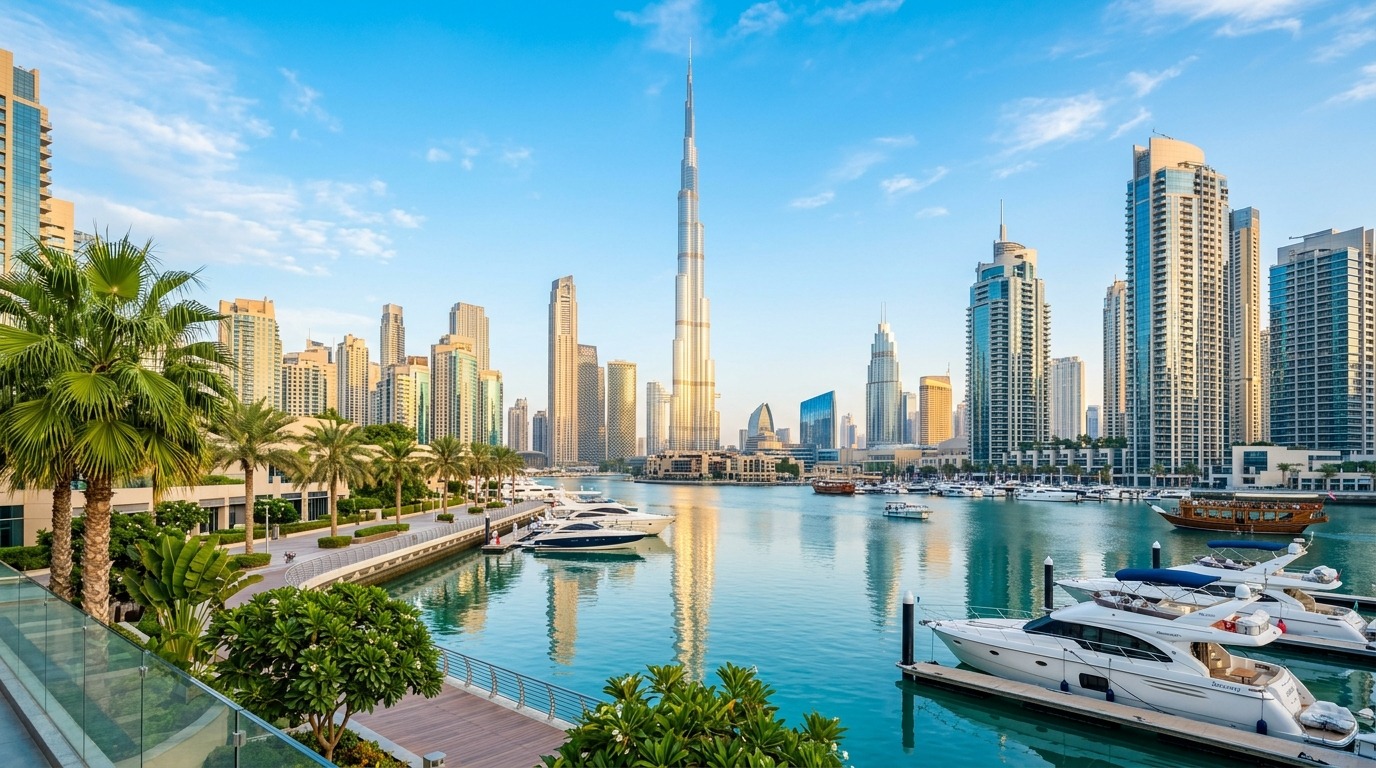 Dubai skyline with Burj Khalifa and marina under a bright blue sky